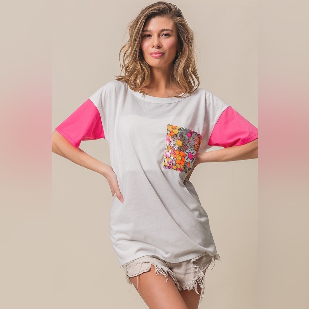 Bibi JERSEY COLOR BLOCK WITH SEQUINS POCKET TOP
